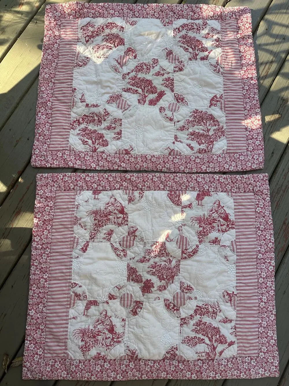 French country Toile quilted pillow shams red white reversible standard set 2